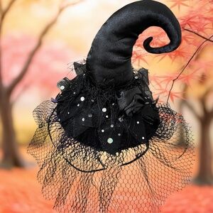 Halloween Embellished Black Witch Hat Fascinator Costume Accessory with Veil